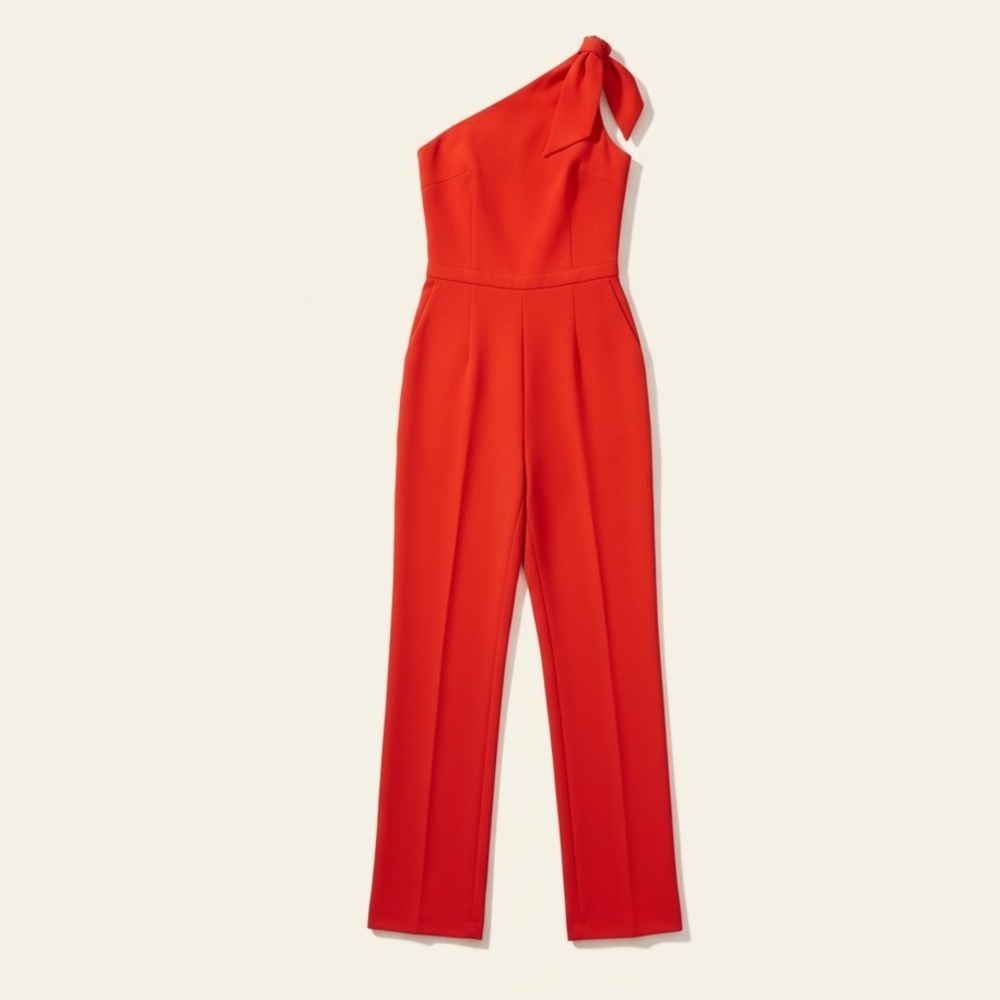 Diane von Furstenberg 
One Shoulder Knot Jumpsuit in Bright Red​​​